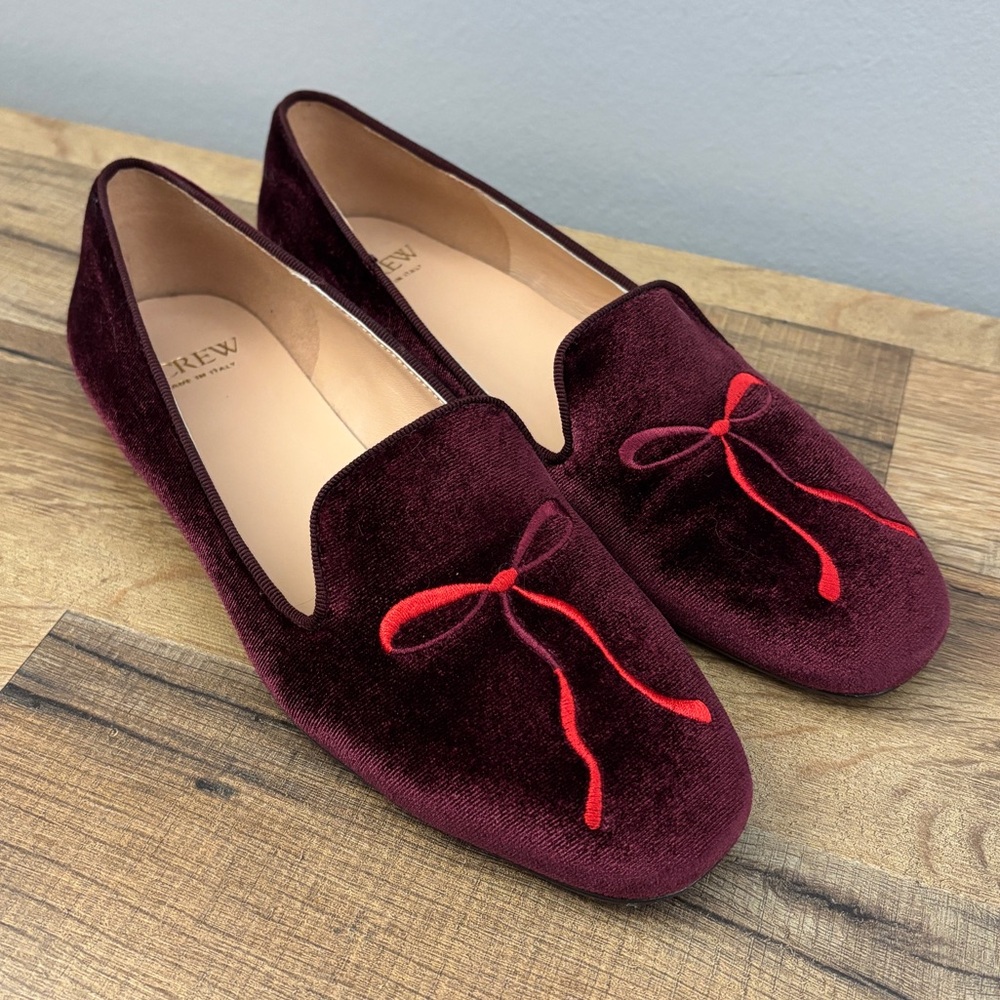 J. Crew Made In Italy Red Bow Embroidered Velvet Smoking Slippers Flats Burgundy